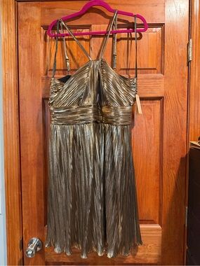 City Studio Metallic Gold Pleated Midi Dress